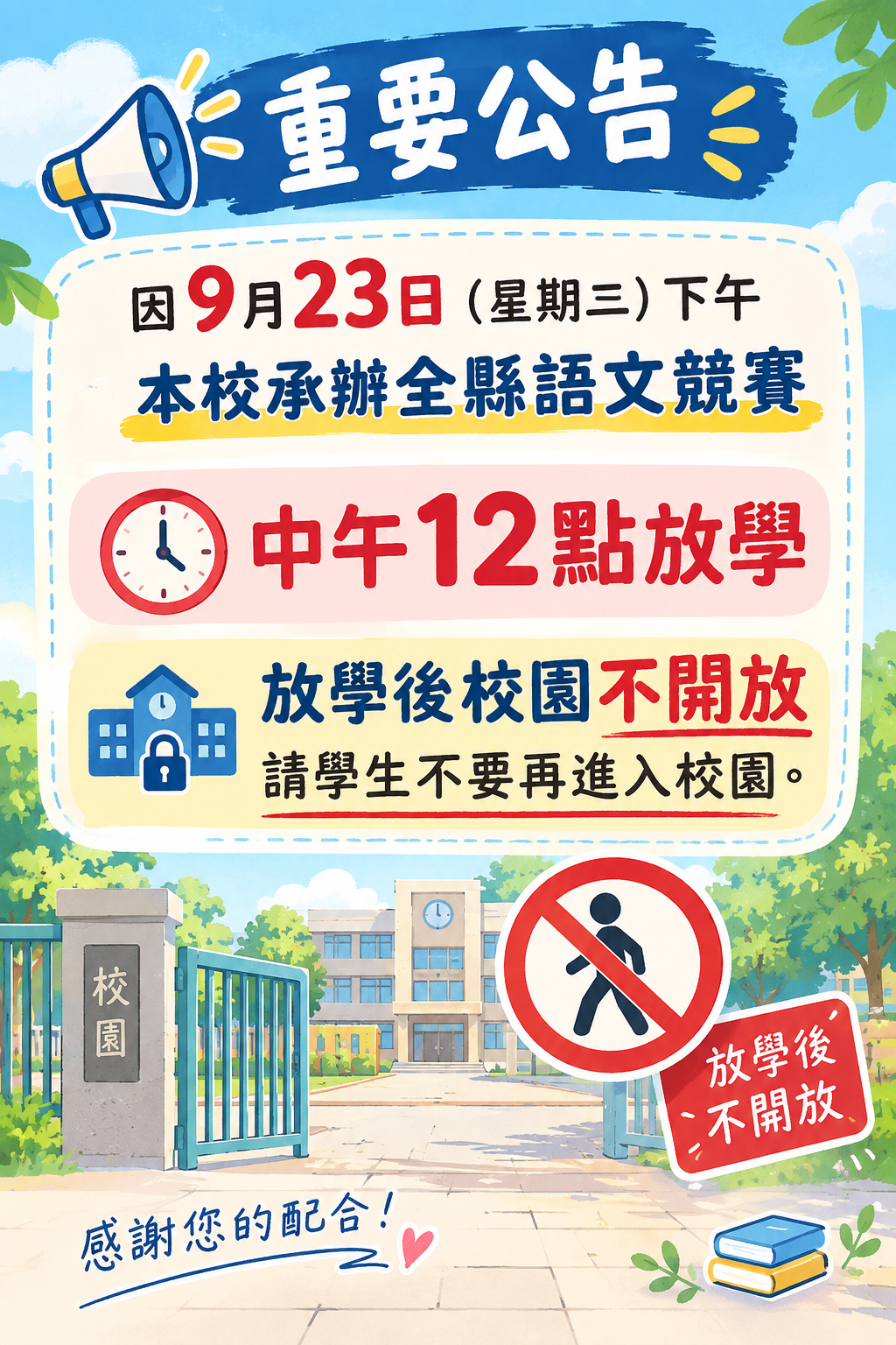 公告縮圖：明天9/23(三)調整中午12:00放學且放學後校園不開放